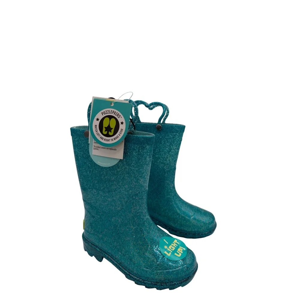 Western‎ Chief Abby Glitter Lighted Teal Rain Boots Girls Size 9 Heart Handles